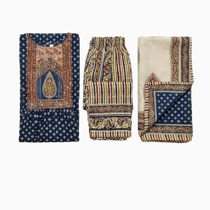 Women kurti with pant and dupatta | Anarkali cut | Navy blue anarkali with kalamkari works