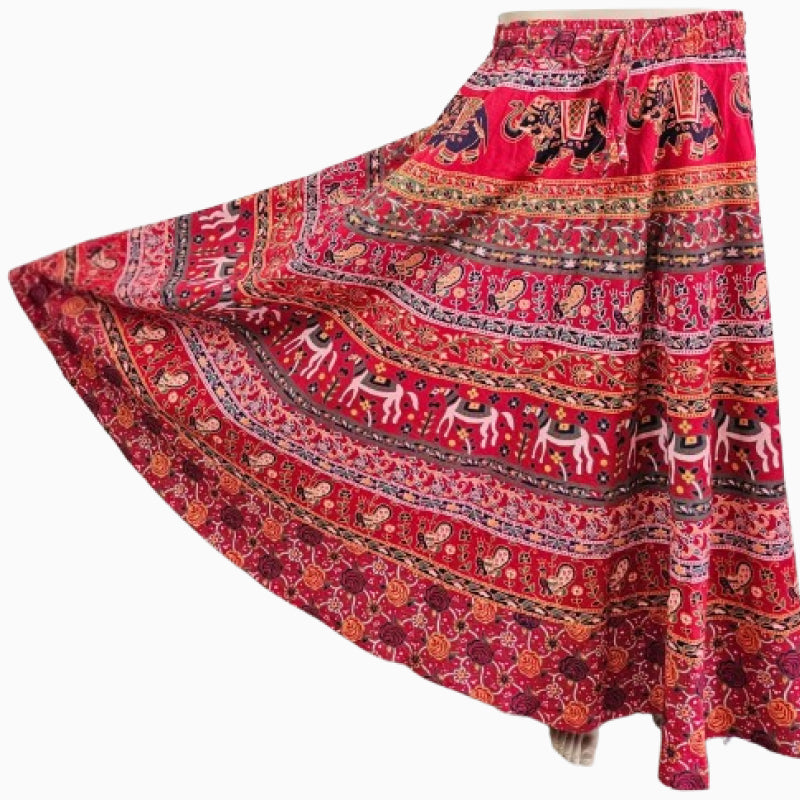 Women Skirt | Jaipuri Print | Fits up to XL| Red Horse