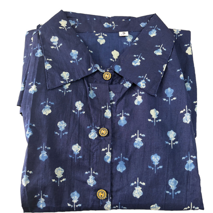 Sleeveless collar peplum top(short sleeve inside) | Navy blue collar block print