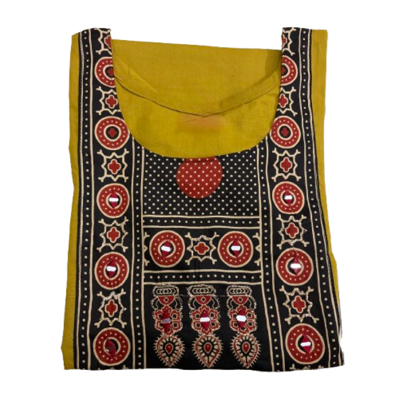 Women's Dabu Cotton Short Kurti | Mustard short top black patch