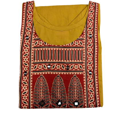 Women's Dabu Cotton Short Kurti | Mustard short top maroon patchwork