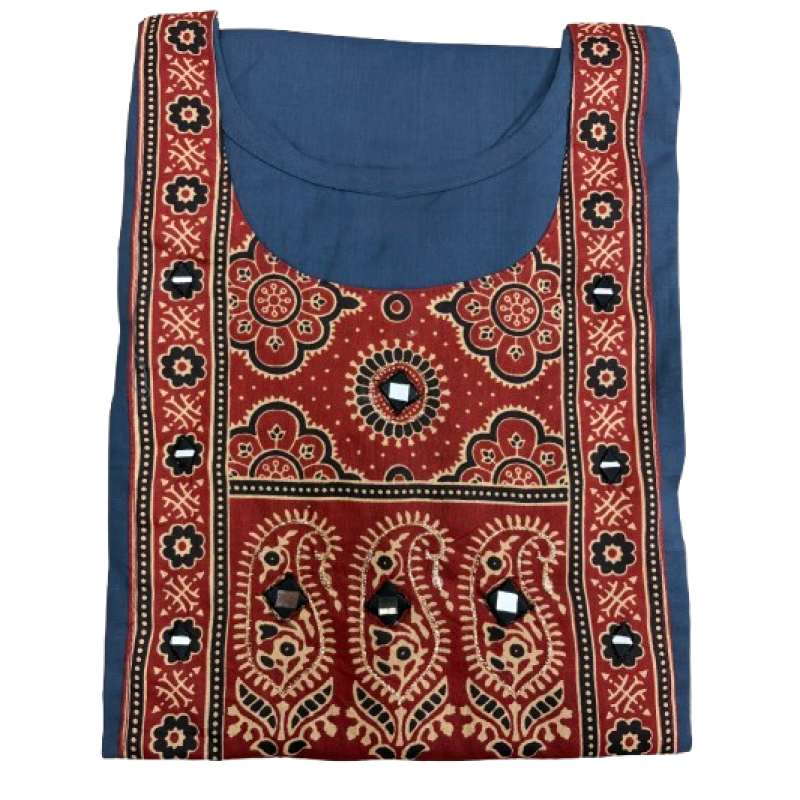 Women's Dabu Cotton Short Kurti |Bluish grey long print