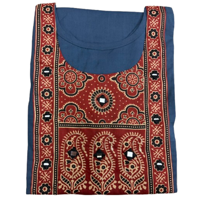Women's Dabu Cotton Short Kurti |Bluish grey long print