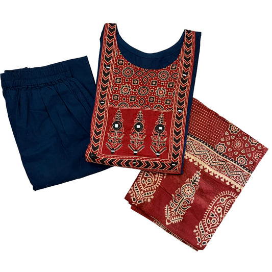Women kurti with pant and dupatta |Navy blue long print sets | Dabuset