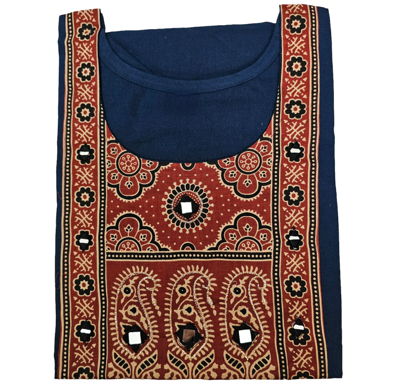 Women's Dabu Cotton Short Kurti |Navy Blue short top long print
