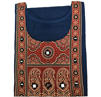 Women's Dabu Cotton Short Kurti |Navy Blue short top long print