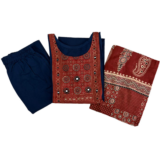 Women kurti with pant and dupatta |Navy blue print small circle sets | Dabuset