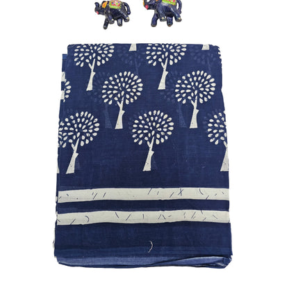 Mul Mul Cotton Saree | Navy with white tree