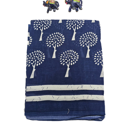 Mul Mul Cotton Saree | Navy with white tree