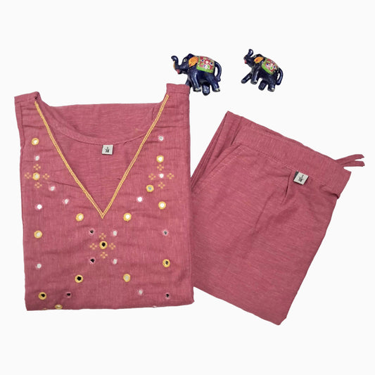 Women kurti with pant| A line cut | Onion Pink kala cotton with mirror embroidery