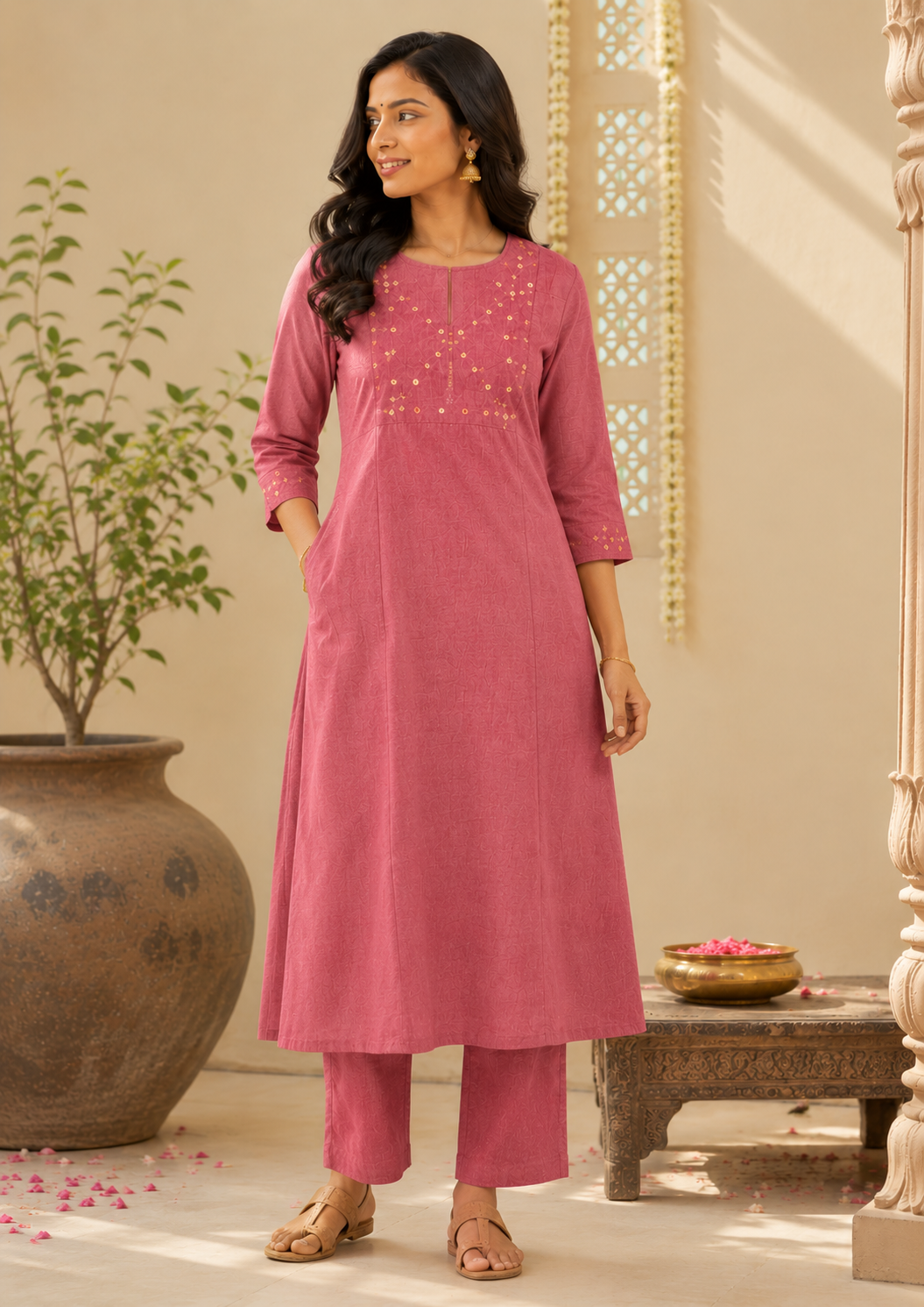 Women kurti with pant| A line cut | Onion Pink kala cotton with mirror embroidery