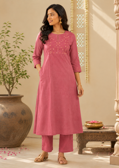 Women kurti with pant| A line cut | Onion Pink kala cotton with mirror embroidery