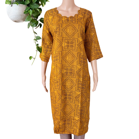 Women Kurti | Straight cut | Mustard yellow rayon kurti with scallop neck
