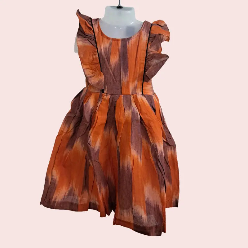 Cotton Ikkat Frocks | Orange with bluish maroon and black piping