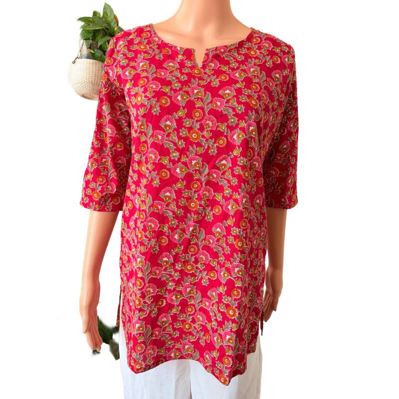 Women's Cotton Short Kurti | Tomato Redish pink printed | Only short kurti