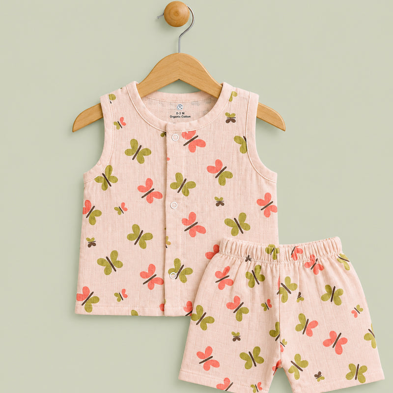 Baby Set - | Muslin Jabla shorts set ( Half sleeve) | Peach with butterfly