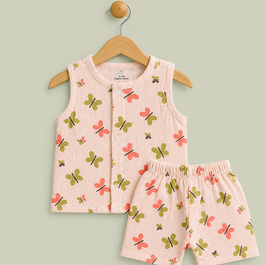 Baby Set - | Muslin Jabla shorts set ( Half sleeve) | Peach with butterfly