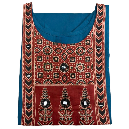 Women's Dabu Cotton Short Kurti | Peacock Blue short top circle long print