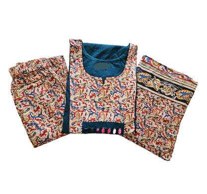 Women kurti with pant and dupatta |Peacock Blue kalamkaari sets | Dabuset