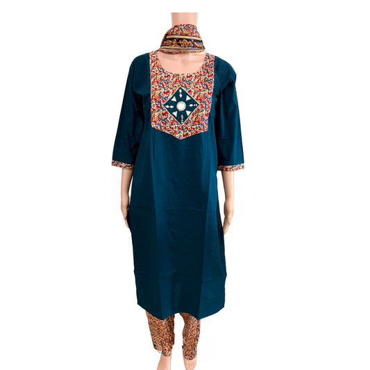 Women kurti with pant and dupatta |Peacock blue kalamkaari sets | Dabuset