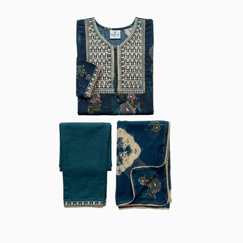 Women kurti with pant and dupatta | Straight cut| Peacock blue rayon set