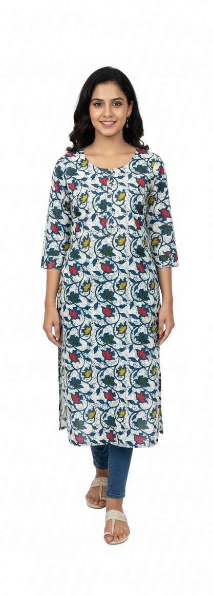 Women Kurti | Straight cut | Peacock blue with multicolor flowers