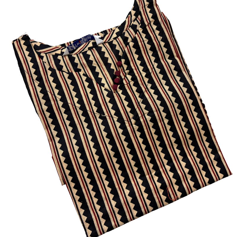 Women Kurti | Straight cut |  | Black stripes with wavy line print