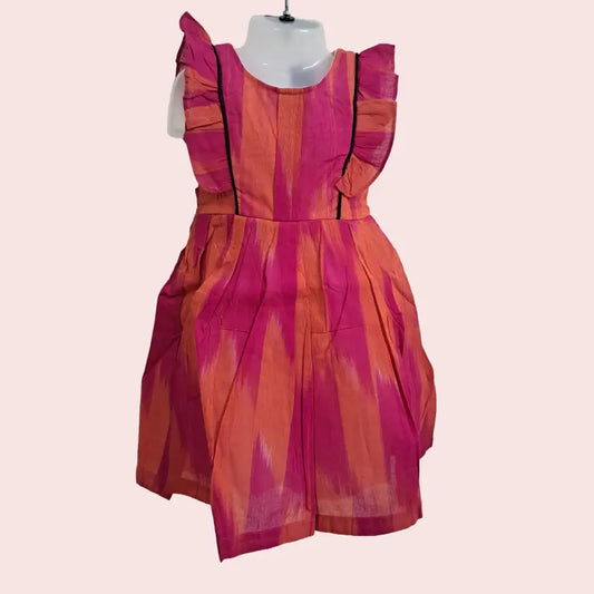 Cotton Ikkat Frocks | Pink with Orange and black piping