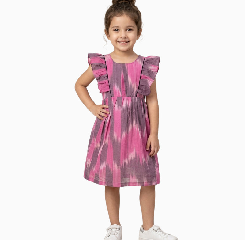 Cotton Ikkat Frocks | Pink with purple and black piping