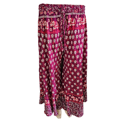 Women’s Cotton Flared Palazzo (Divider Skirt) with Drawstring| Pinkish Maroon Floral pant