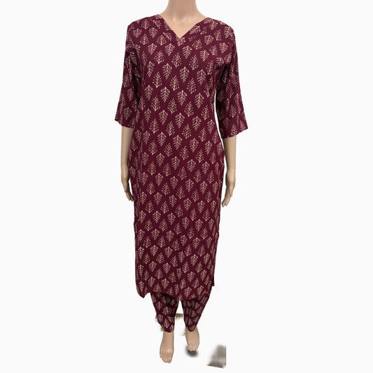 Women Co-Ord kurti with pant (Top with lining) | Pinkish Maroon Leafy Print