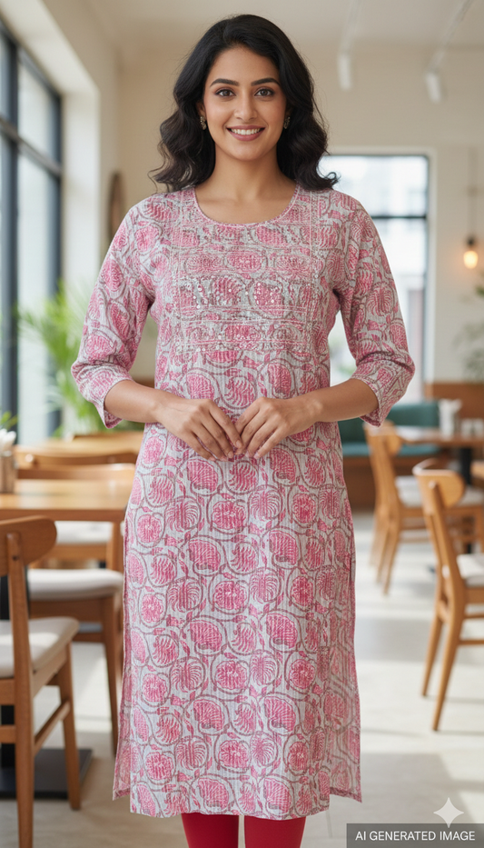 Women Kurti | Straight cut | Pinkish floral in light grey | only Kurti