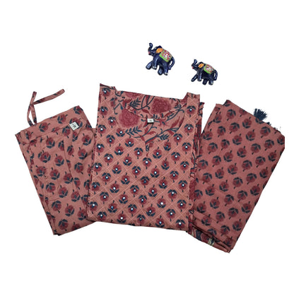 Women kurti with pant and dupatta | Straight cut | Pinkish with small floral prints