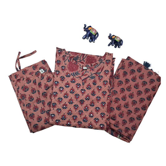 Women kurti with pant and dupatta | Straight cut | Pinkish with small floral prints
