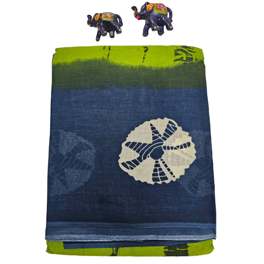 Mul Mul Cotton Saree | Pista green with navy boder 1