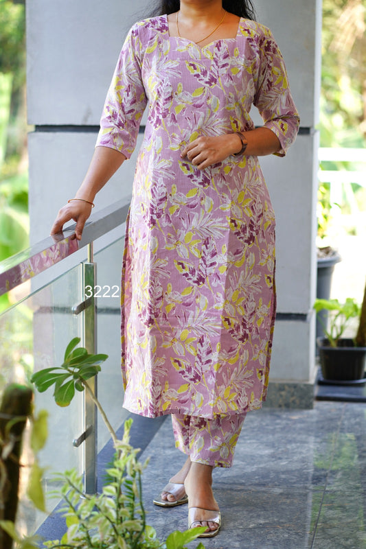 Women kurti with pant | Straight cut | Pleasant light onion with pista green patches