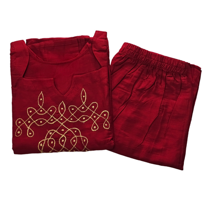 Women kurti with pant | Straight cut | Red maroon Rawsilk set | B4012