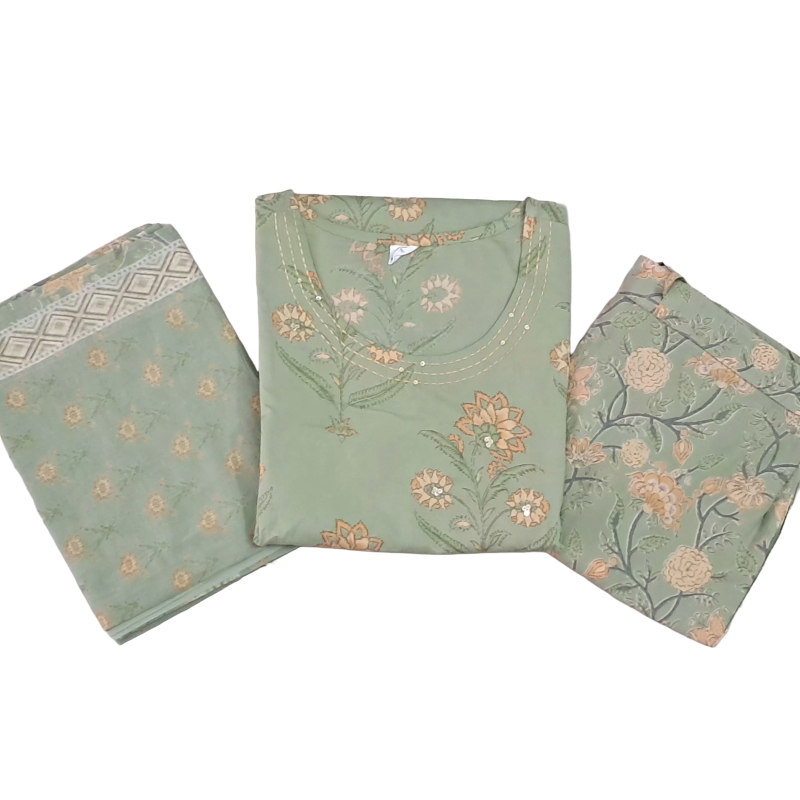 Women kurti with pant and dupatta | Straight cut | Light moss green with floral print| cottonlove