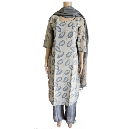 Women shining cotton dupion kurti with pant and dupatta | Light skin with grey designs 3 piece sets