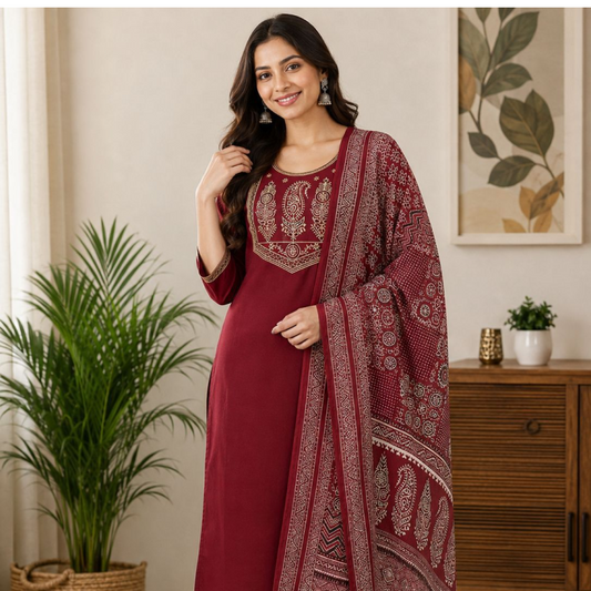 Women embroidery kurti with palazzo pant and dupatta |Red maroon color 3 piece sets | Dabuset