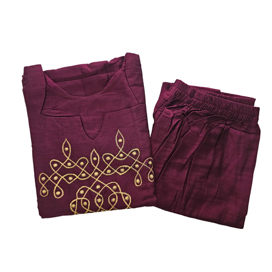 Women kurti with pant | Straight cut | Burgundy maroon Rawsilk set | B4013