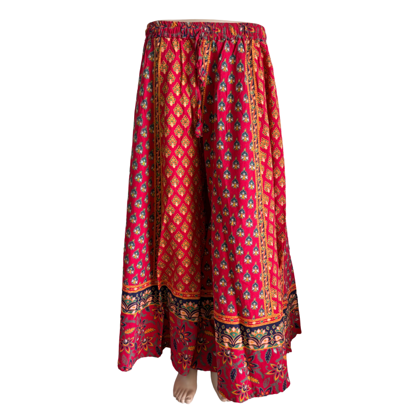 Women’s Cotton Flared Palazzo (Divider Skirt) with Drawstring |Red mini flower print