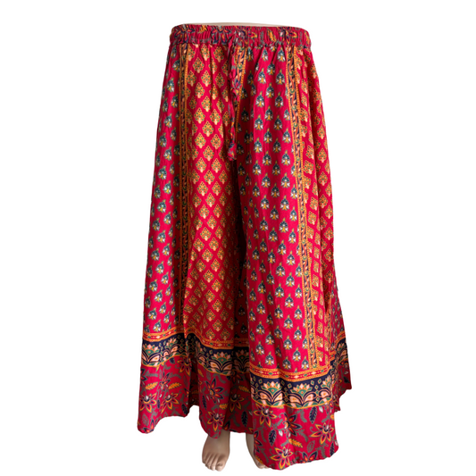 Women’s Cotton Flared Palazzo (Divider Skirt) with Drawstring |Red mini flower print