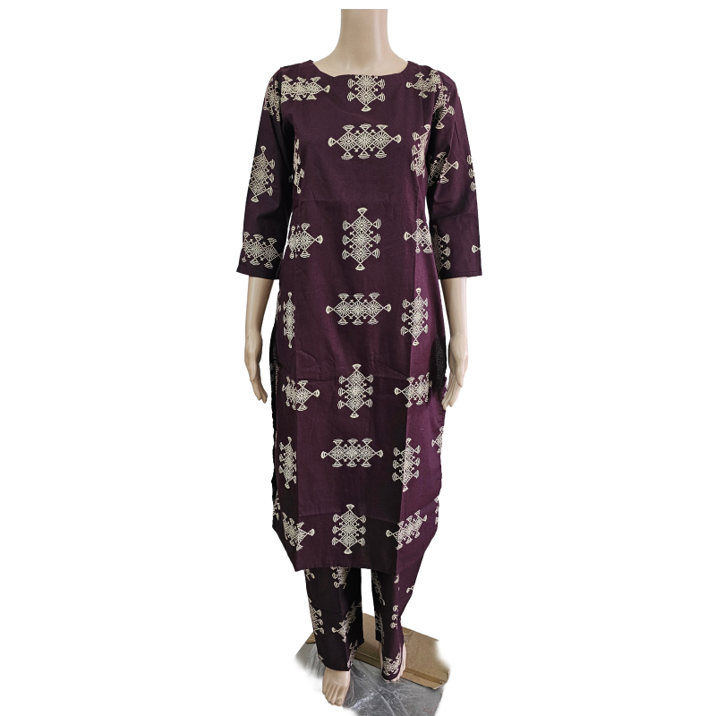 Premium shining flex cotton kurti palazzo co-ord set | Tribal geometric Print | B4017