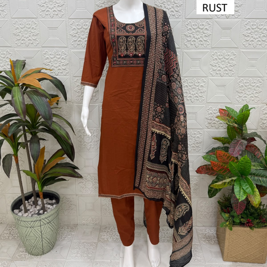 Women kurti with pant and dupatta | Light brown print sets | DABUSET