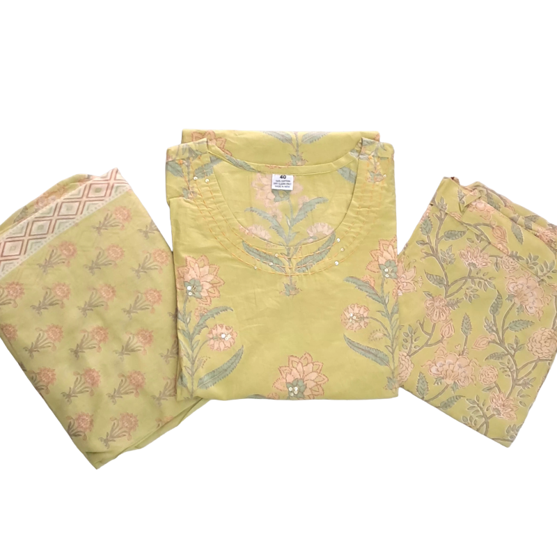Women kurti with pant and dupatta | Straight cut | Light yellow with floral print| cottonlove