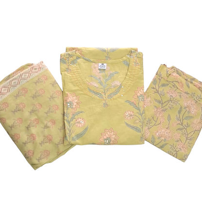 Women kurti with pant and dupatta | Straight cut | Light yellow with floral print| cottonlove