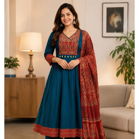 Women Anarkali top with palazzo pant and dupatta | Peacock blue color 3 piece sets | Dabuset|
