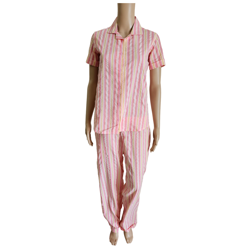 Women Collared Co-ord shirt Pant set | Pink and yellow striped