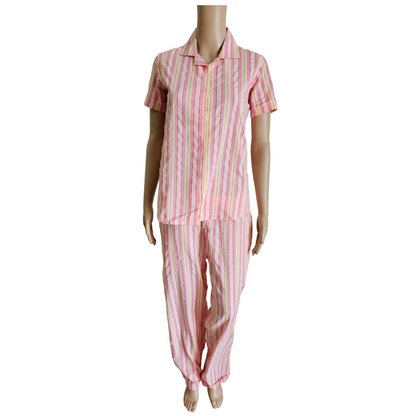 Women Collared Co-ord shirt Pant set | Pink and yellow striped